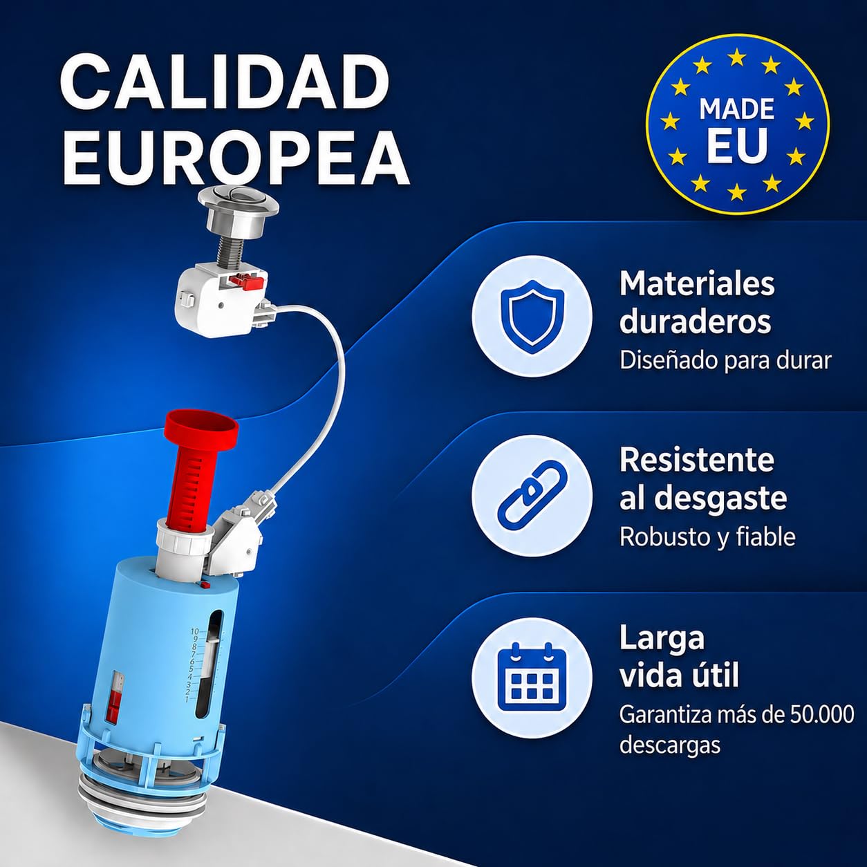 YOSSEE Descargador Cisterna Universal, Mecanismo de Descarga Cisterna WC | Doble Descarga 3/6 L, con Cable y Doble Pulsador Cromados