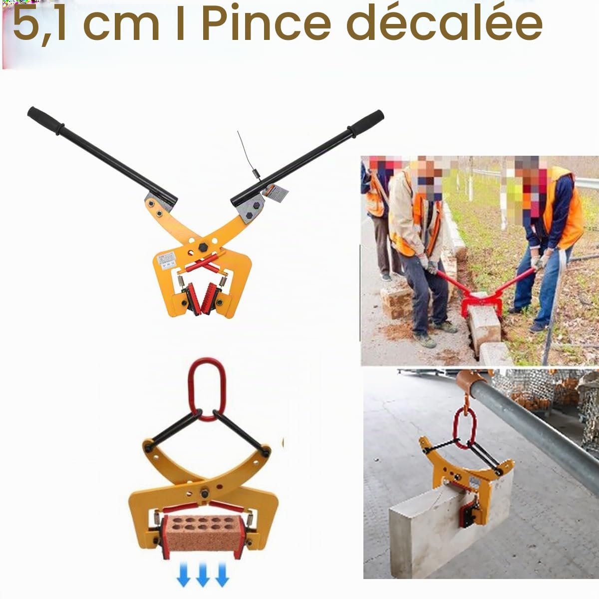 Pince à bordure de 350 kg - Pince de levage compensée pour trottoir et escalier - Pince à paver et pierre réglable de 4 à 18 cm - Jaune