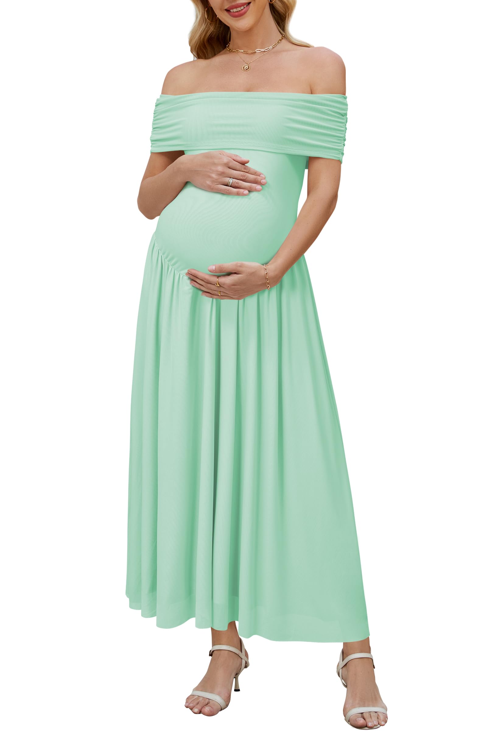 OUGES Women's 2026 Summer Spring Off The Shoulder Mesh Maxi Maternity Baby Shower Dresses for Photoshoot Wedding Guest Sleeveless Formal Pleated Long