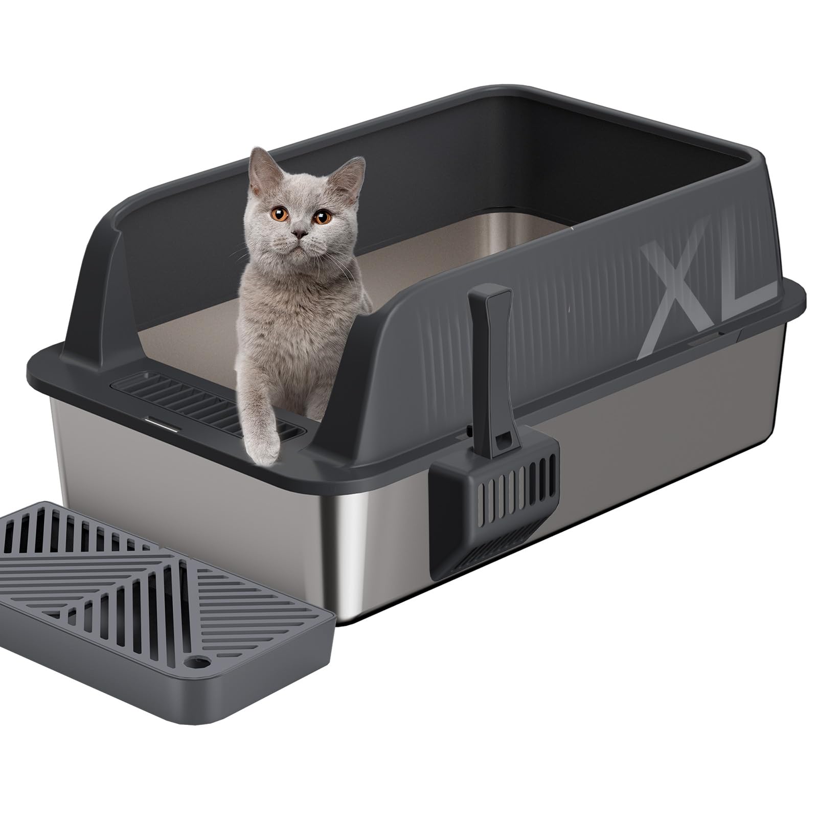 Gimars XL Stainless Steel Cat Litter Box, Large Stainless Steel Cat Litter Tray, 35L Metal Litter Tray with Litter Scoop & Pedal, Good for Large Medium Cats