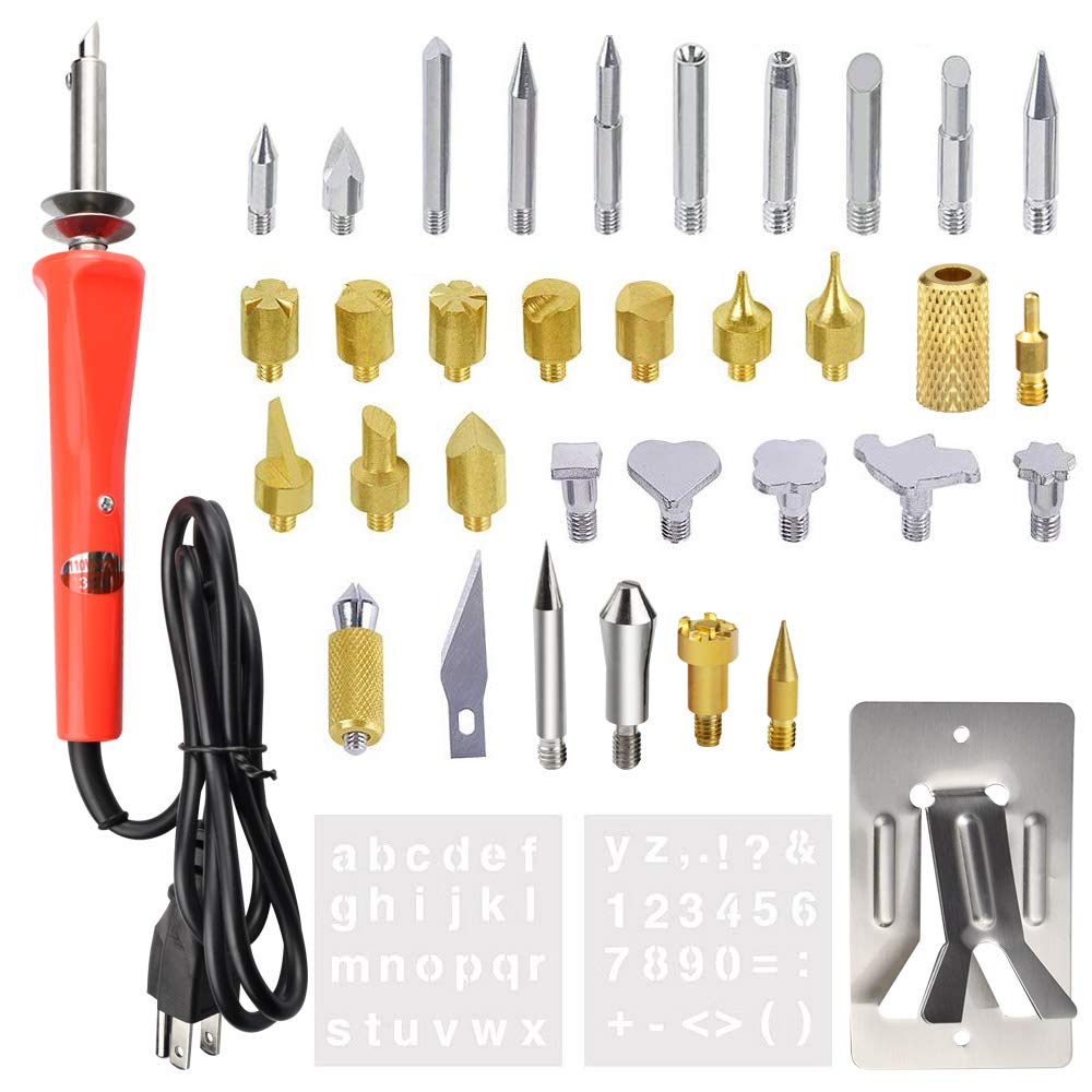 32 PCS Wood Burning and Soldering Iron Kit, Wood Burning Engraving Tool 30W Pyrography Pen(Working Temperature 250°C to 350°C)28 Embossing/Carving/Soldering Tips,2 Stencils,1 Holder Orange