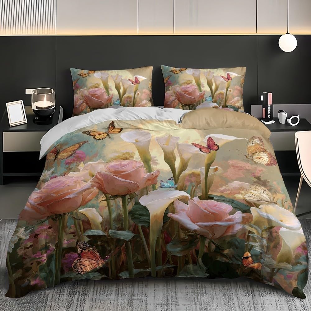 Romans Arums 3-częściowy komplet pościeli z mikrofibry różowe motyle poszwa na kołdrę 260 x 240 cm dla 2 osób, zestaw pościeli jasnożółty miękka poszwa na kołdrę dla dzieci dorosłych