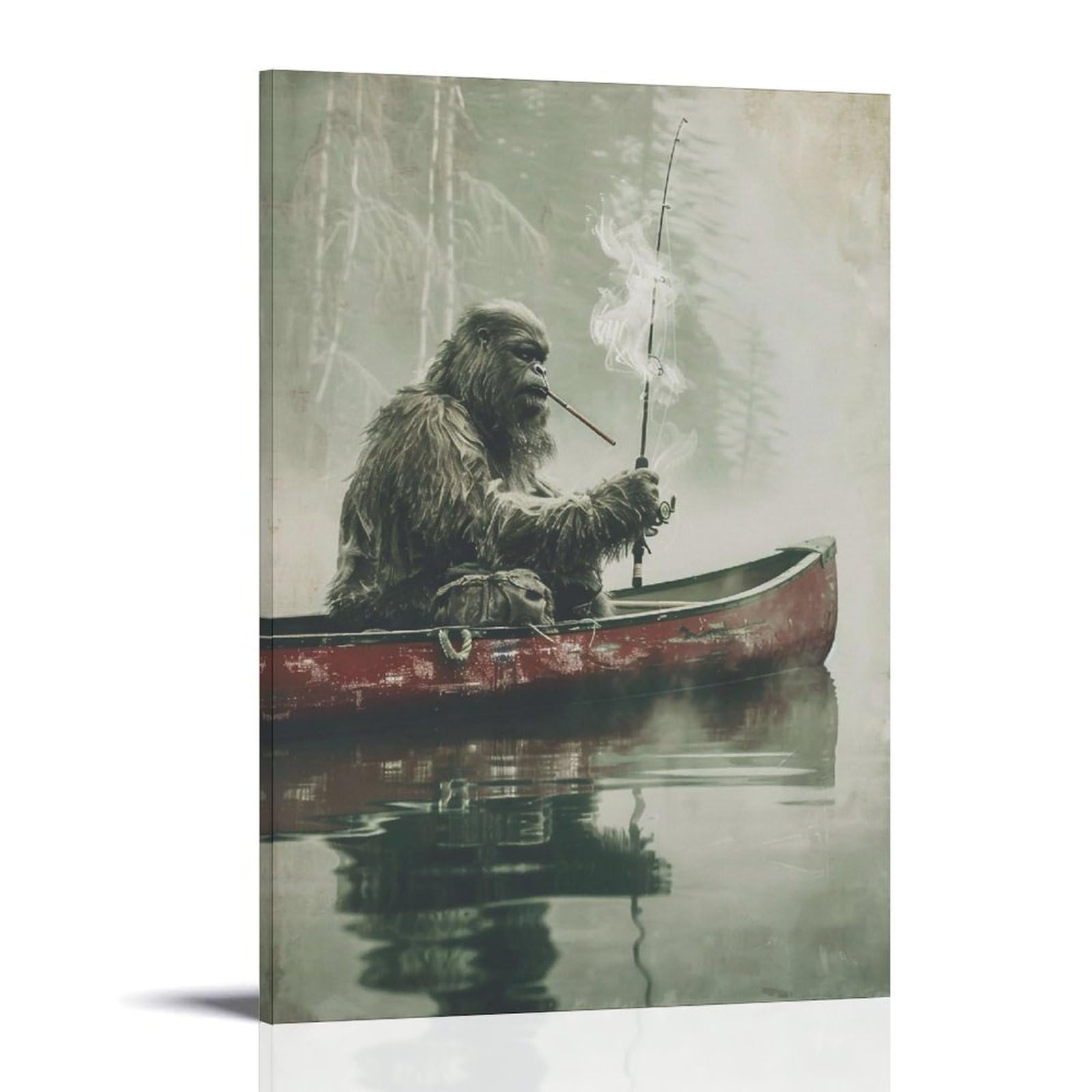 HUERYRYHY Sasquatch Canoe Fishing Hour 01 Poster Wall Art Canvas Vintage Aesthetic Painting Decor for Rooms 24x36inch Frame-style