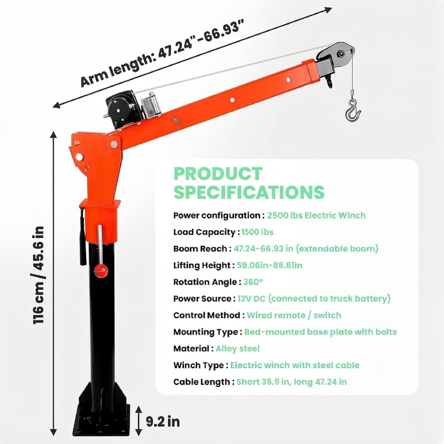 1500 lbs Truck Crane, 360° Rotatable Folding Crane Featuring 2500 lbs Winch Truck Bed Crane for Construction, Logistics and Heavy Loads