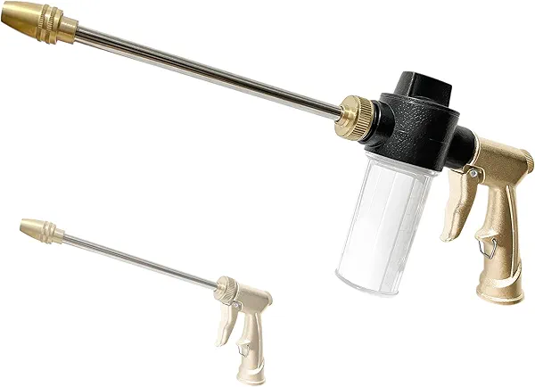 MOSIKEN High Pressure Garden Hose Nozzle Sprayer with 3.5oz Plastic Soap Dispenser Bottle, Heavy Duty Car Wash Foam Gun, Adjustable Nozzle for Gardening, Solar Panel Cleaning, Pet Showering (Brass)