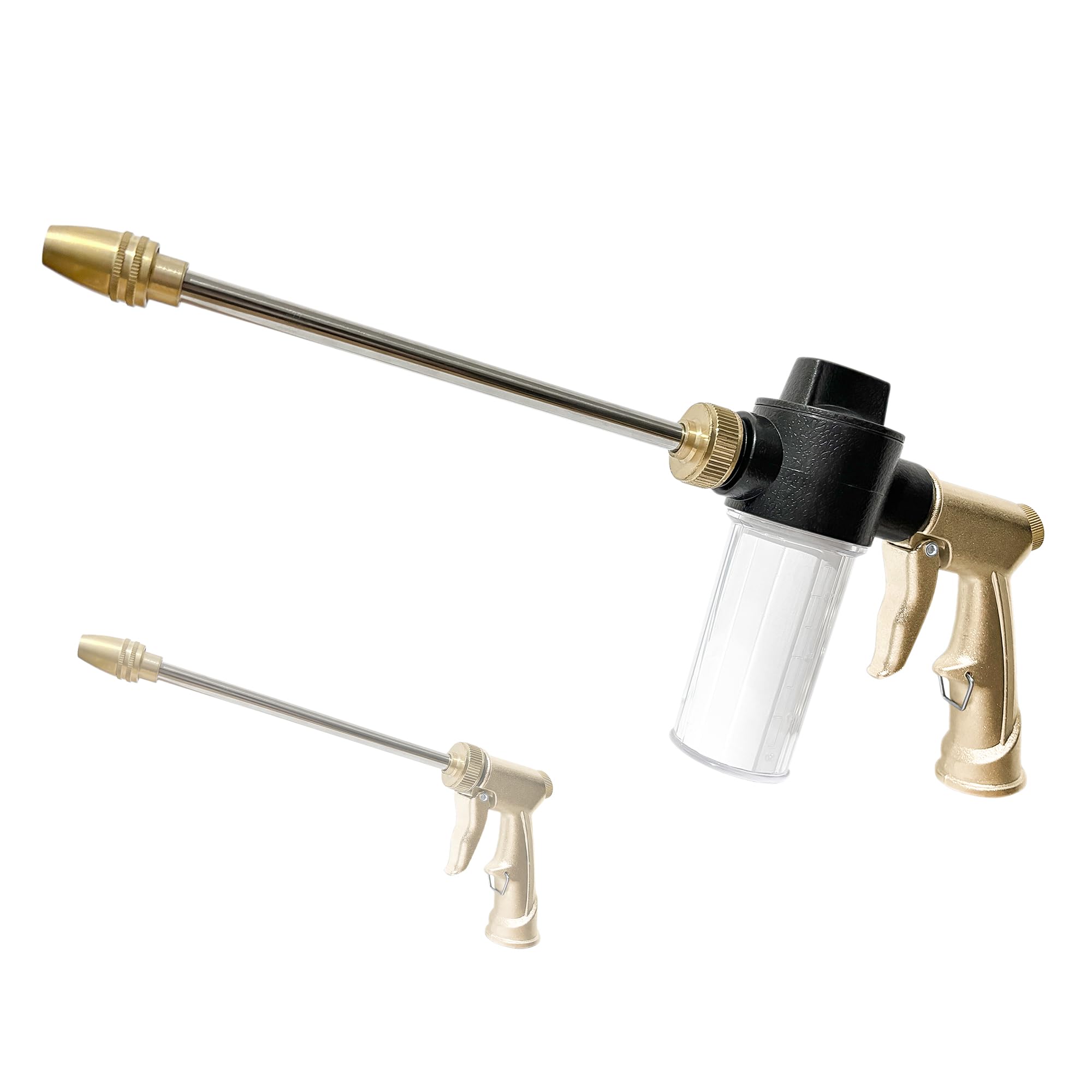 MOSIKEN High Pressure Garden Hose Nozzle Sprayer with 3.5oz Plastic Soap Dispenser Bottle, Heavy Duty Car Wash Foam Gun, Adjustable Nozzle for Gardening, Solar Panel Cleaning, Pet Showering (Brass)