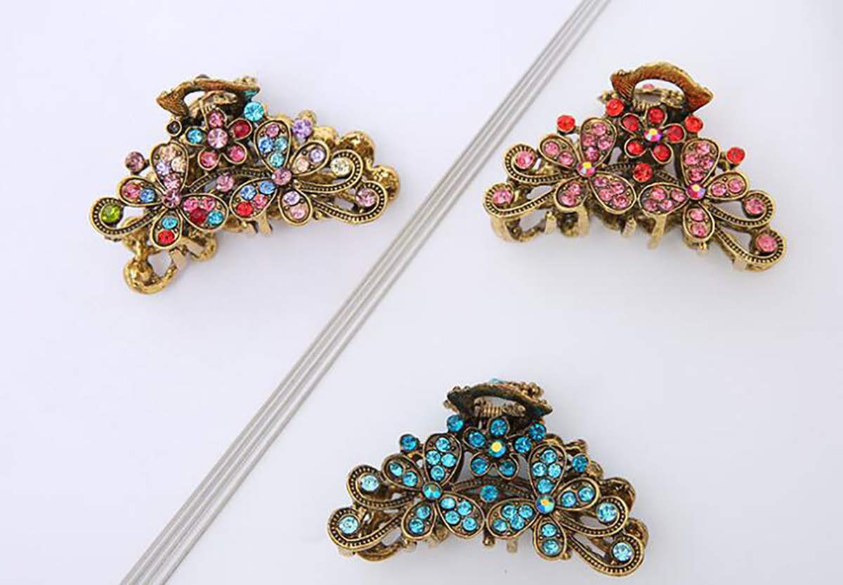 Fodattm Retro Flowers Hair Claw Clip for Women Lady Girls Vintage Alloy Rhinestone Hair Jaw Clips Hairpin Fancy Hair Clamp (Sky blue) - Image 3