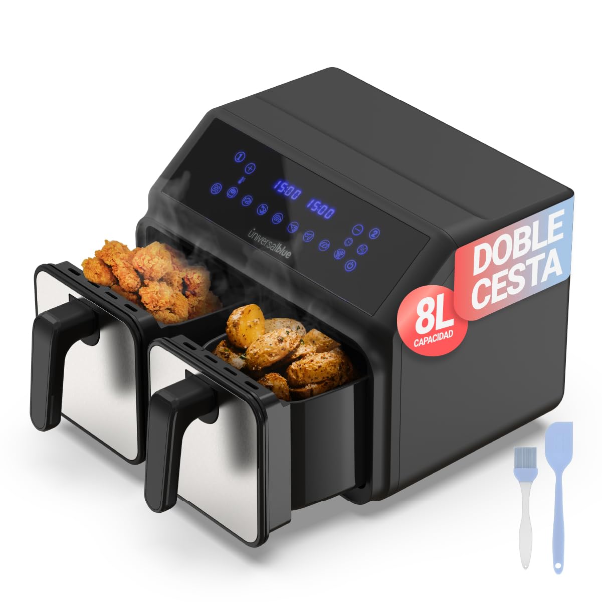 UNIVERSALBLUE Freidora de Aire Dos Cestas 4 + 4 L Sin Aceite | Air Fryer Dual 8 L Grande Para 6-8 Personas | 8 Programas Cocina | Control Táctil y Temporizador
