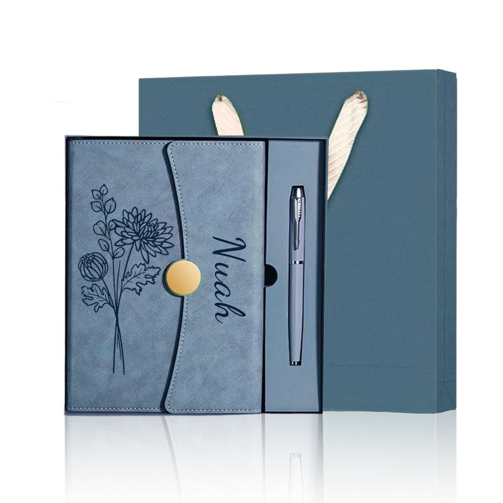 Personalized Notebook with Engraved Name & Birth Month Flowers โ Premium Faux Leather Classic Journal for Birthday, Graduation, Christmas, 200 Numbered Pages, 15 x 21 cm (Darkblue with gift box)