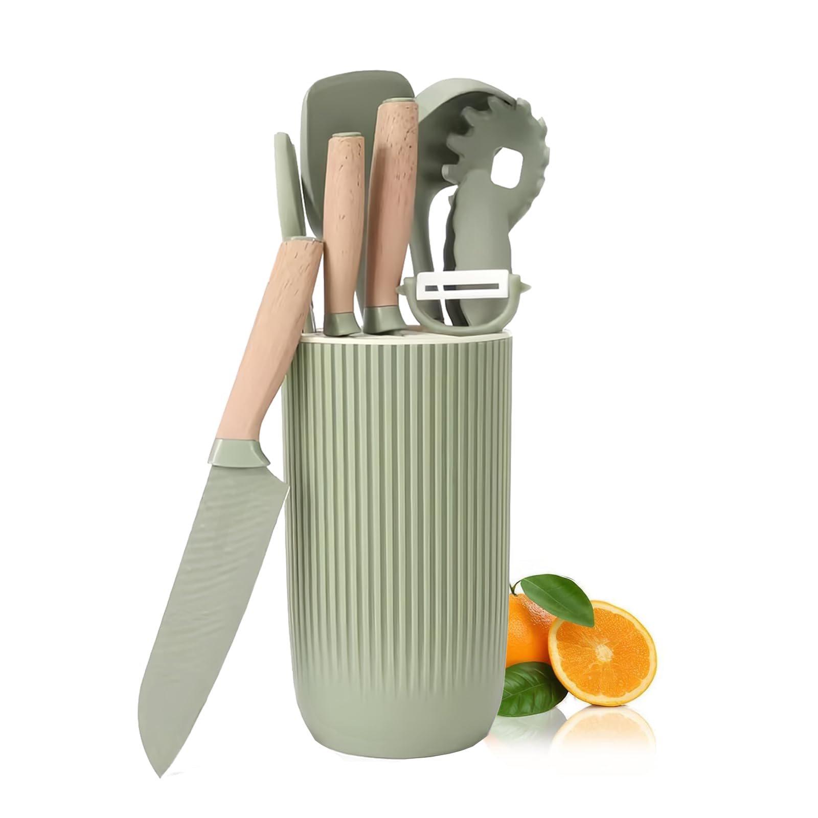 Set di 10 utensili da cucina, 10 coltelli antiaderenti in acciaio inox e spatole da cucina in silicone con supporto, manico ergonomico in legno (verde)