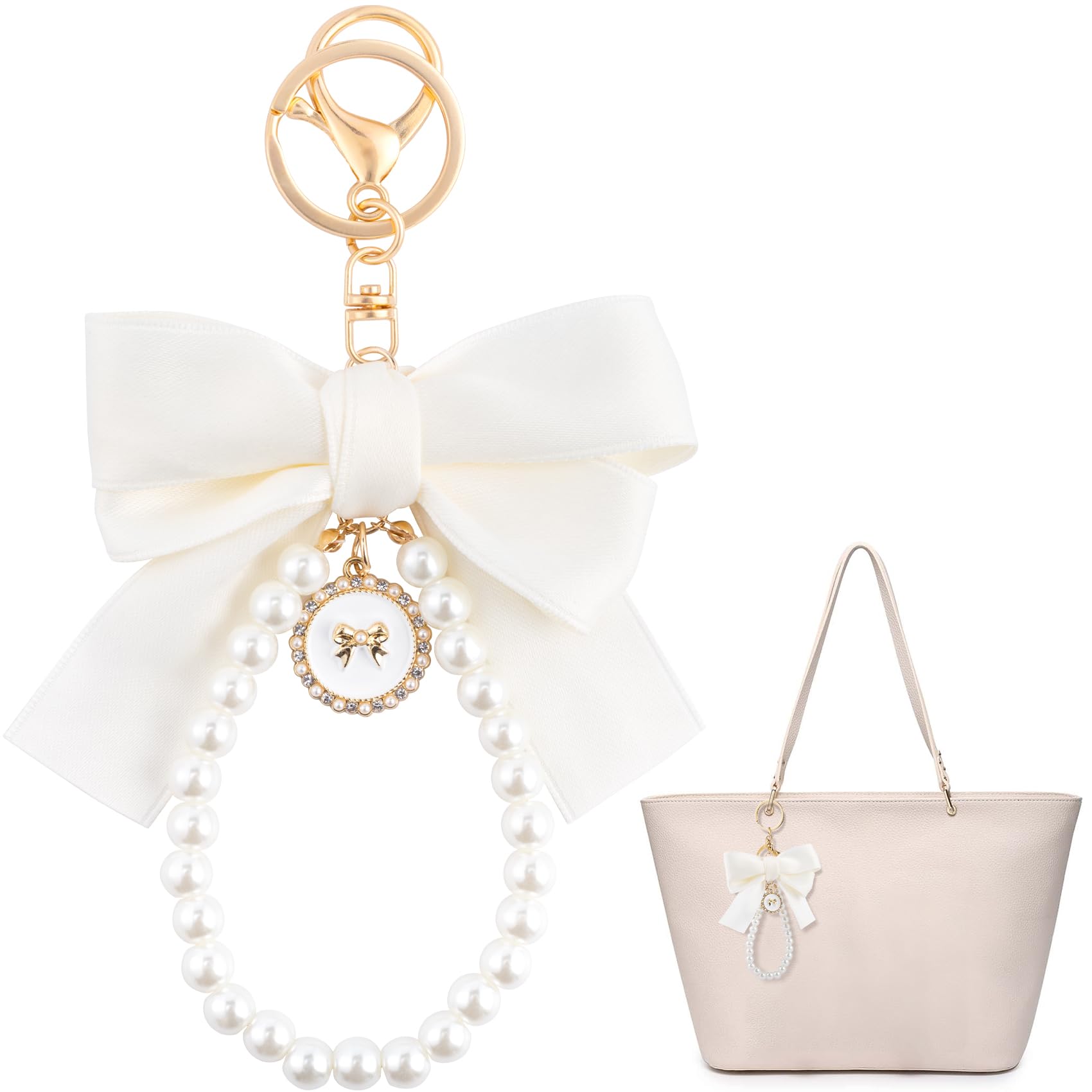 SmallCat Pearl Bow Keychain Charm, Pearl Bowknot Purse Charm for Women, Cute Bow Decorations Aesthetic Bag Keychain