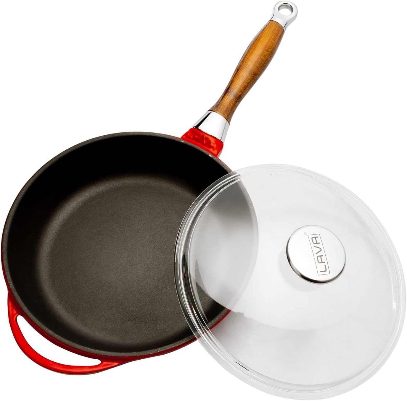 LAVA Round Frying Pan with Wooden Handle with Glass Lid, 24 cm, Red