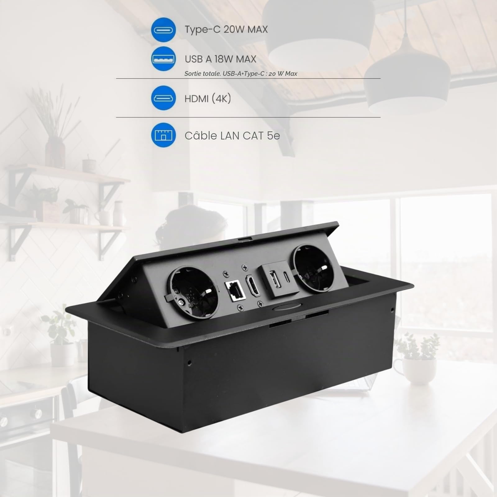 Prise encastrable de table - Prise escamotable avec USB LAN HDMI Type Max 20 W - Charge intelligente - Noir
