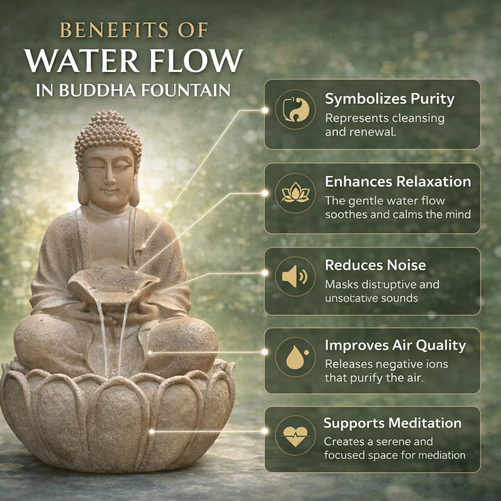 Kamal Buda Fuente de agua para el hogar y el jardín - Fuente de Buda de fibra con luz LED - Fuente de interior y exterior para vastu y positividad (beige, fuente