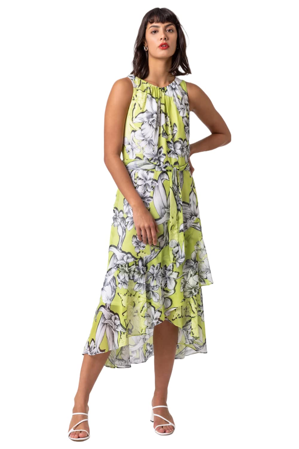 Roman Women's Lime Floral Tie Waist Dipped Hem Dress In | Size: 12