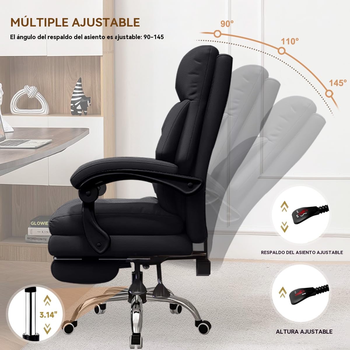 Silla de Oficina con Reposapiés, Silla de Oficina Ejecutiva de Respaldo Alto de Cuero con Ruedas, Sillas de Escritorio Ergonómicas con Soporte Lumbar para Oficina en Casa