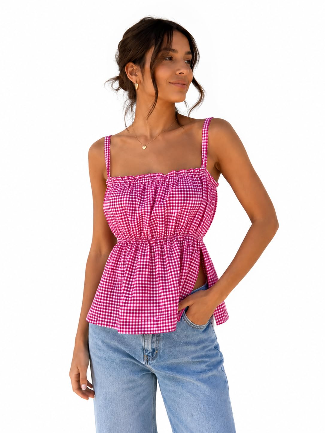 Pink Gingham Print Cami Top (Size : S) Cotton, Spaghetti Straps, Square Neckline, Elastic Waist, Peplum Style, for Summers-image-21