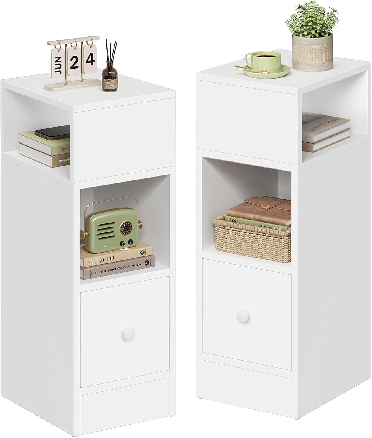 EUGAD Slim Bedside Table set of 2, Narrow Bedside Cabinet, with 2 Open Shelves 1 Drawer, 25 x 66 x 30 cm, nightstand for bedroom, Wood, White, 0179ZZ-2