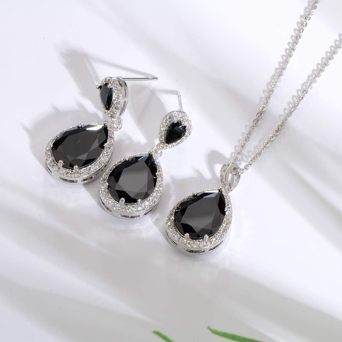 Bridal Jewelry Set for Wedding - 18k Plated Teardrop CZ Crystal Cubic Zirconia Rhinestone Necklace Earrings Set for Bride Bridesmaids Mother of Bride Party Prom Birthstone Costume Jewelry - Image 3