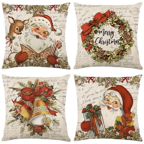 Avezano Christmas Santa Claus Cushion Covers 45 x 45 cm Retro Santa Claus Decorative Cushion Covers Winter Christmas Holiday Throw Pillow Case for Sofa Couch Bed Home Garden Patio Decor Set of 4