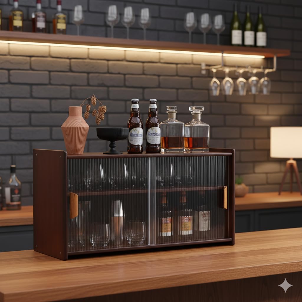 Wall Mounted Bamboo Countertop Storage Cabinet with Glass Door, Hanging Kitchen Cupboard with Adjustable Shelves, Small Pantry Sideboard for Dining Room, Bathroom, Walnut