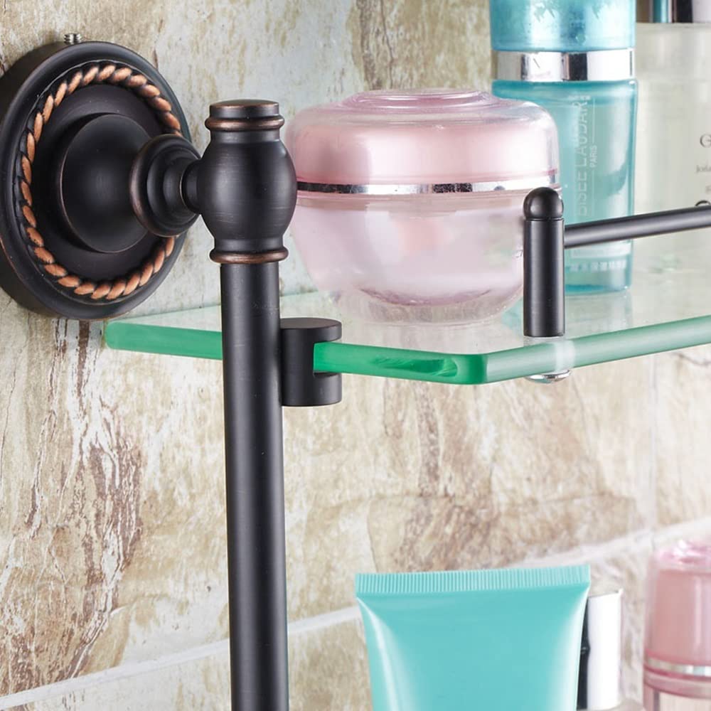 Estantes de baño exquisitos Caddy de Ducha Toallero de Bronce de Cobre Antiguo Negro, Estante de Vidrio Europeo con Barra Doble Cosméticos Almacenamiento de Estante de baño de 2 Capas