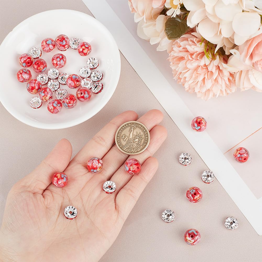GOMAKERER 20 Pcs 12mm Red Lampwork Flower Glass Beads with 20 Pcs Pave Rhinestone Spacer Beads - Image 3