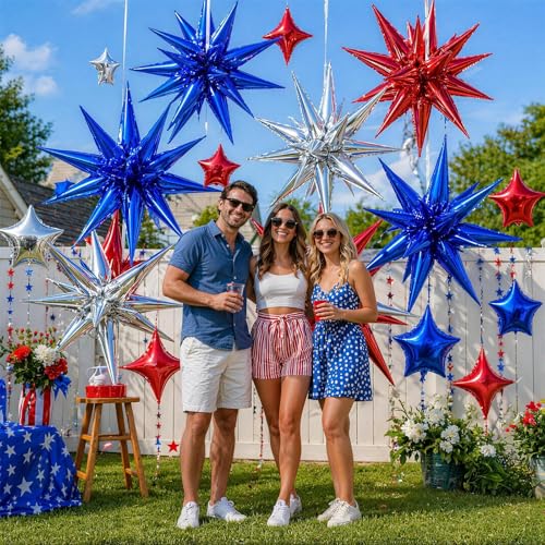 Image of Red Blue Silver Balloons 22 18 10 In 4th of July Patriotic Navy Royal Blue Red Explosion Star Foil Balloon for USA 250th Anniversary Fourth of July Independence Day Memorial Birthday Grad Party Decor
