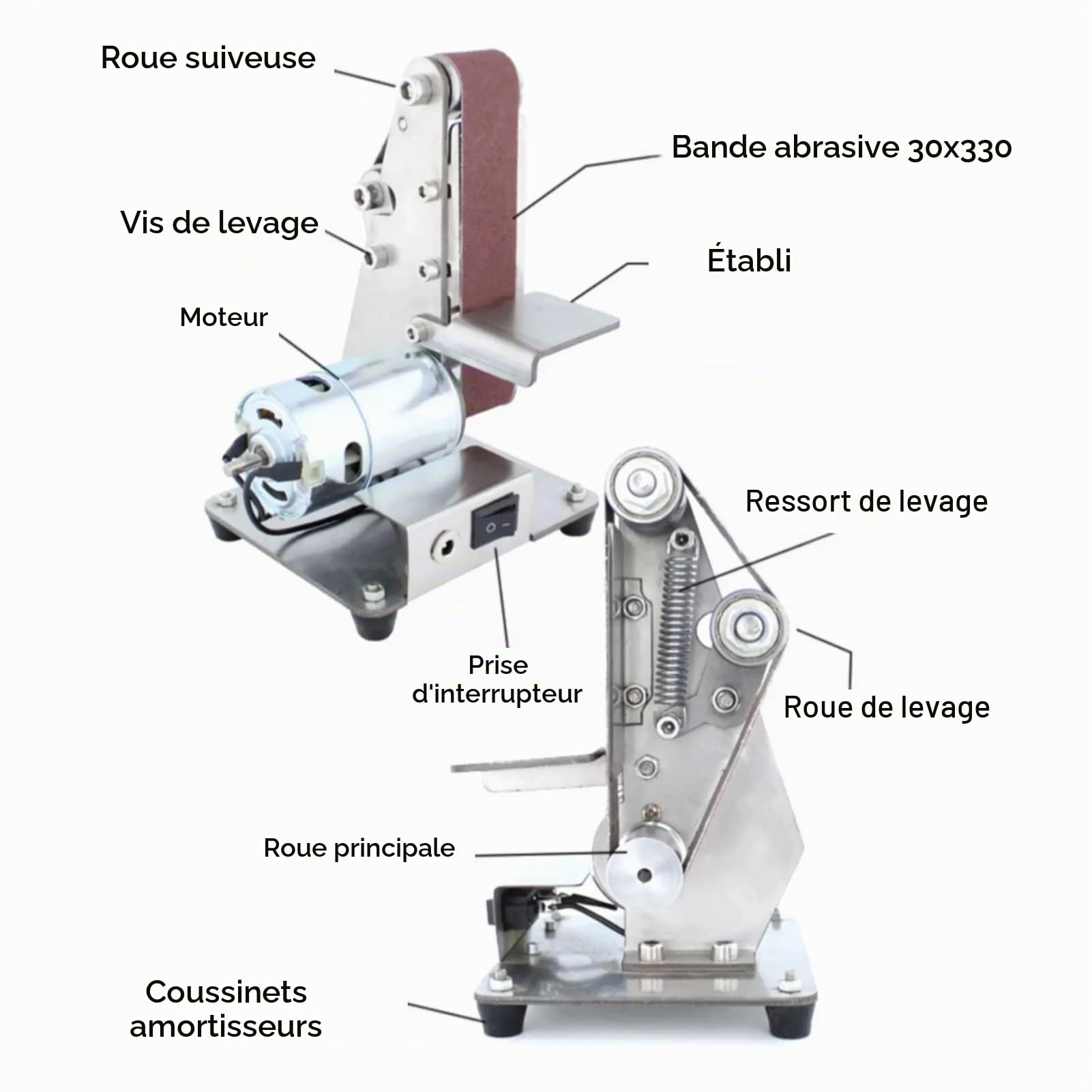 Ponceuse d'Établi Électrique - Meuleuse et Polisseuse à Bande Réglable 4500-9000r/min - Affûteuse de Bords (EU)
