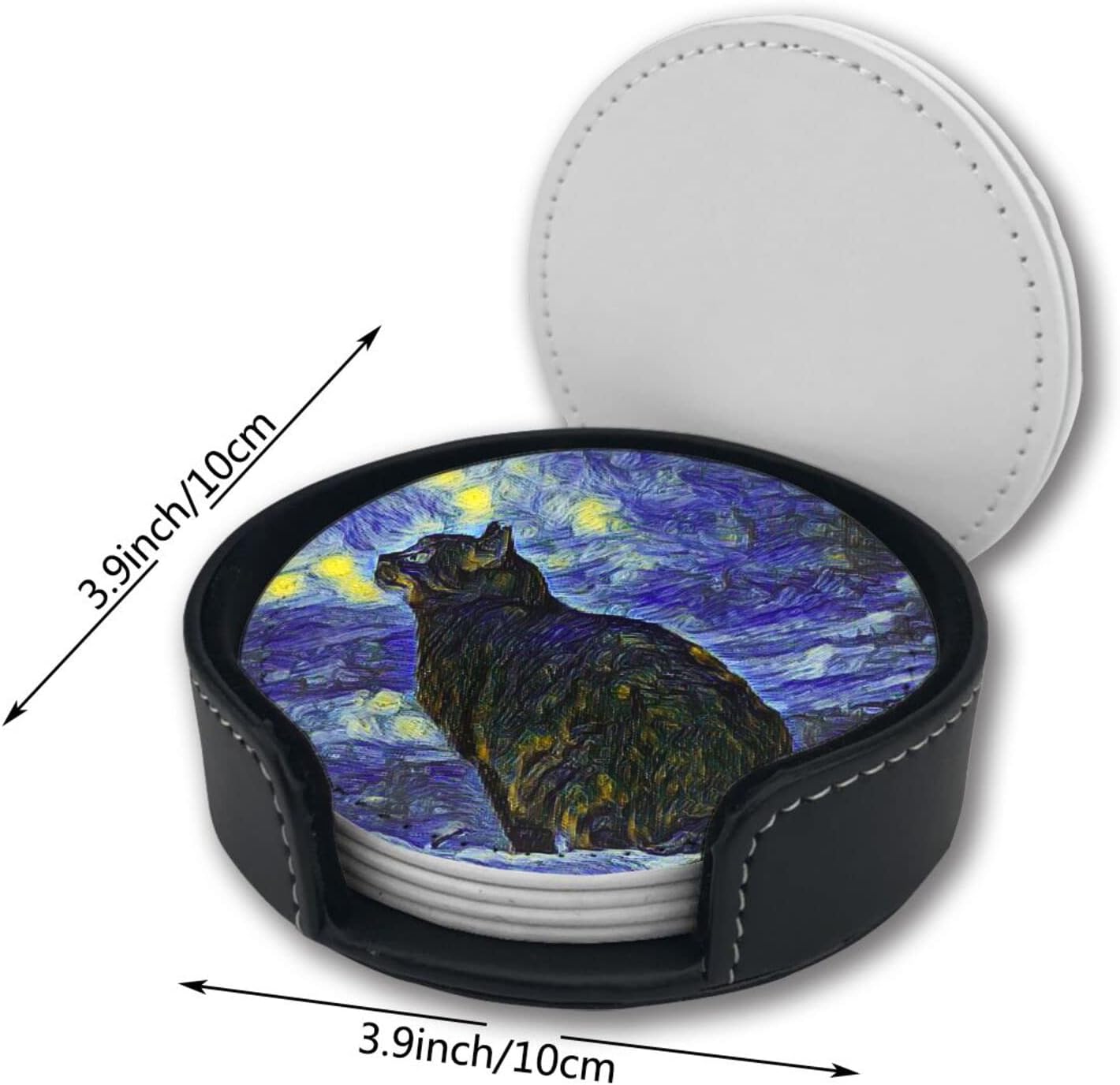 Cat Art Coasters for Drinks with Holder Leather Coasters Set of 6 for Bar Coffee Table - Image 3