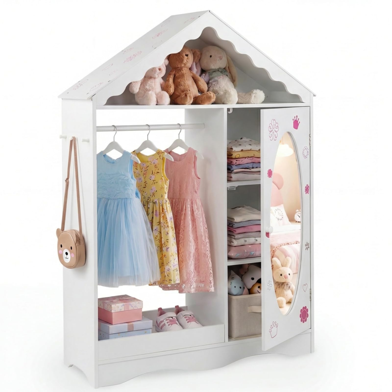 Maxmass Kids Clothes Rails with Mirror, Hanging Rack, Shelves (White)