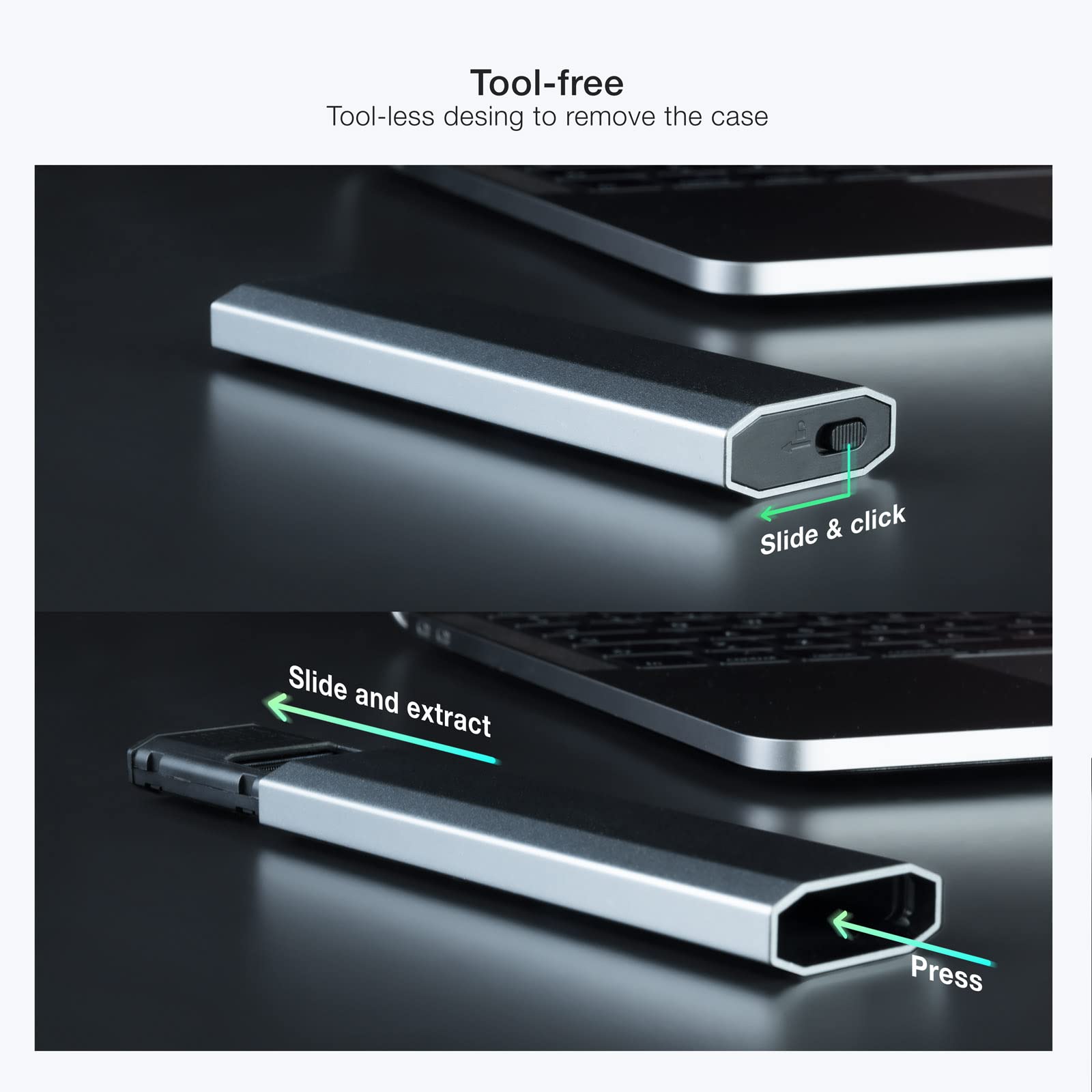 TOOQ TQE-2223G obudowa do dysku SSD M.2 NVMe PCIe, złącze USB-C (USB 3.1 Gen2 10 Gb/s), aluminium, łatwe otwieranie, kolor szary, 42 g.