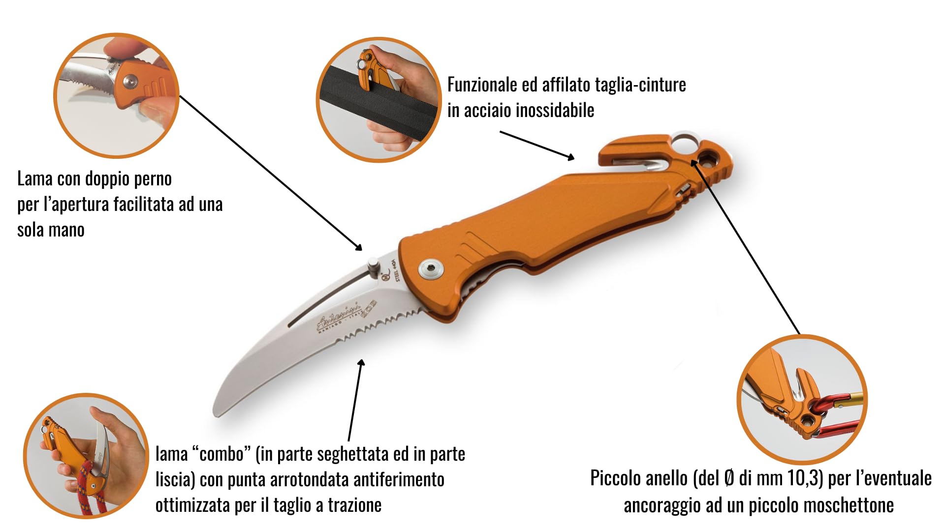 ANTONINI Coltello Professionale da Soccorso, con manico in alluminio anodizzato nero ed inserto antiscivolo e fotoluminescente, lama in Aisi 440A combo (art. SOS.ARA_BAT N/S)