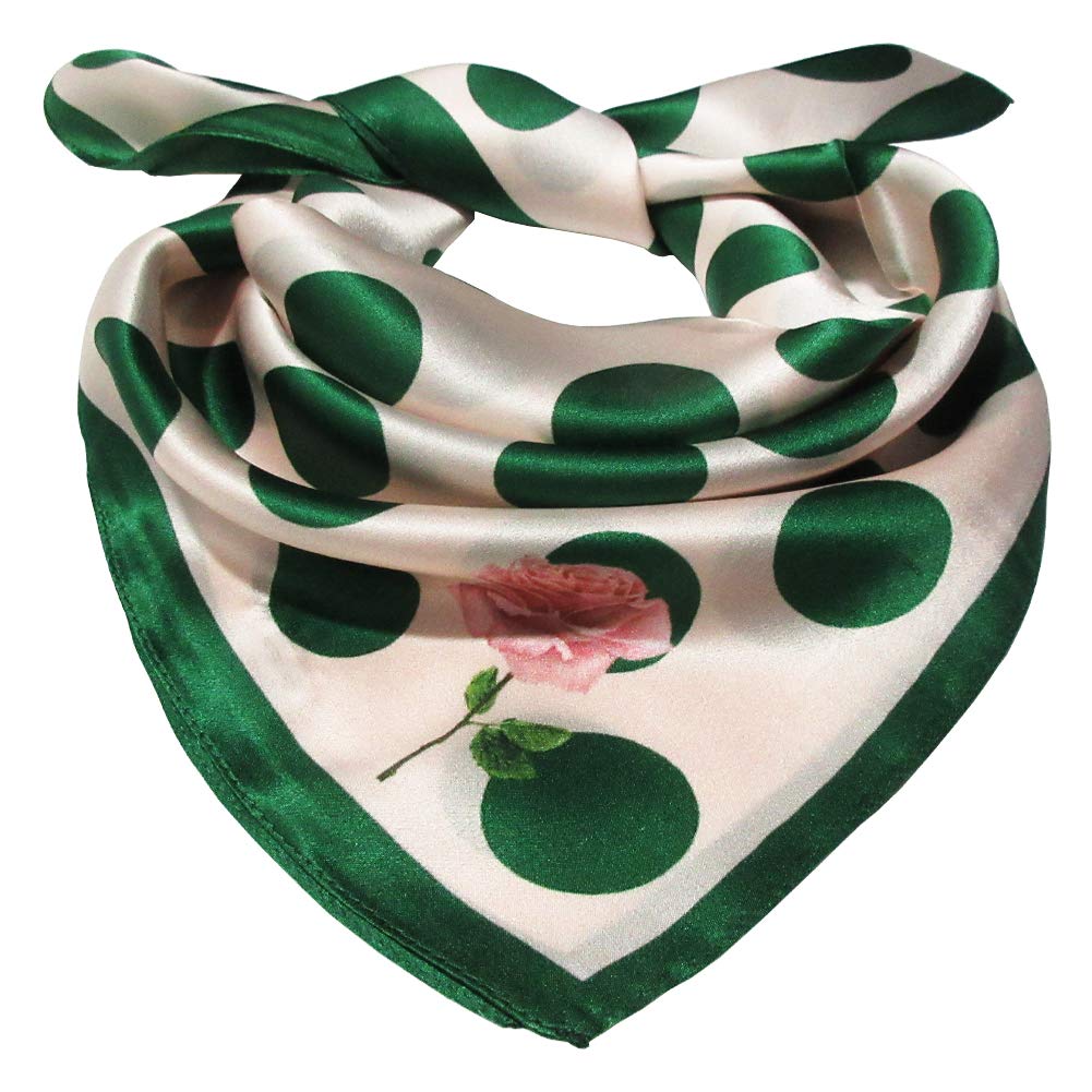 Women 100% Mulberry Silk Scarf Fashion Square Headscarf 21×21 Inches (green circle)