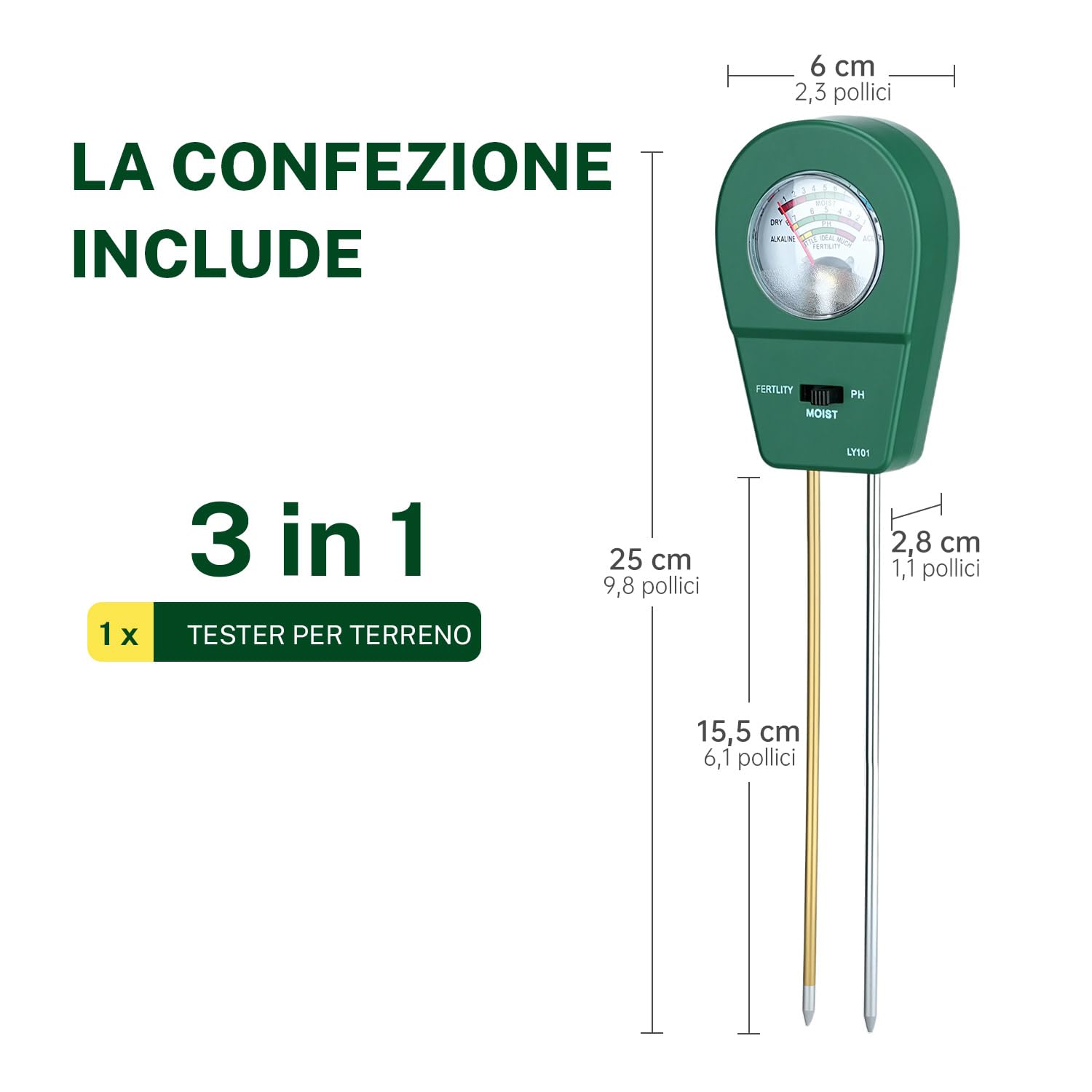 Misuratore di Terreno 3 in 1 per Casa e Giardino: Tester Semplice per PH, umidità e Nutrimento - Sensore per Piante Senza Batterie - Pratico Aiuto per Fiori, Vasi e Orto Domestico