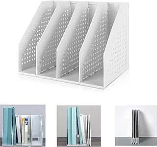 Marte Vanci 4 Compartment Collapsible Magazine Holder Desktop File Binder Organiser Lever Arch File Holder Paper Book Document Divider Adjustable for Desk Bookshelf Cabinet Racks(Light Grey)