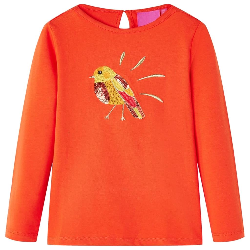 Maglietta a maniche lunghe per bambini, colore ocra scuro con motivo uccelli, in cotone e % elastan, taglia 104, traspirante e morbida, per ragazzi e ragazze, ideale per la scuola