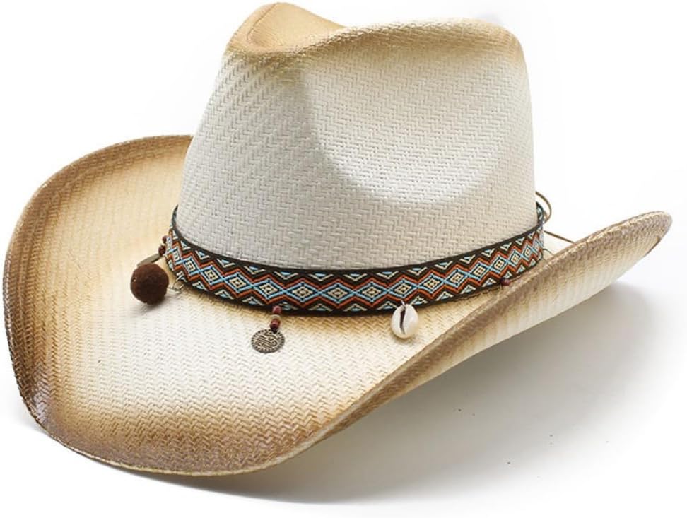 Western Cowboy Hat with Tribal Band, Shell Charms and Pom Poms, Gray Ombre