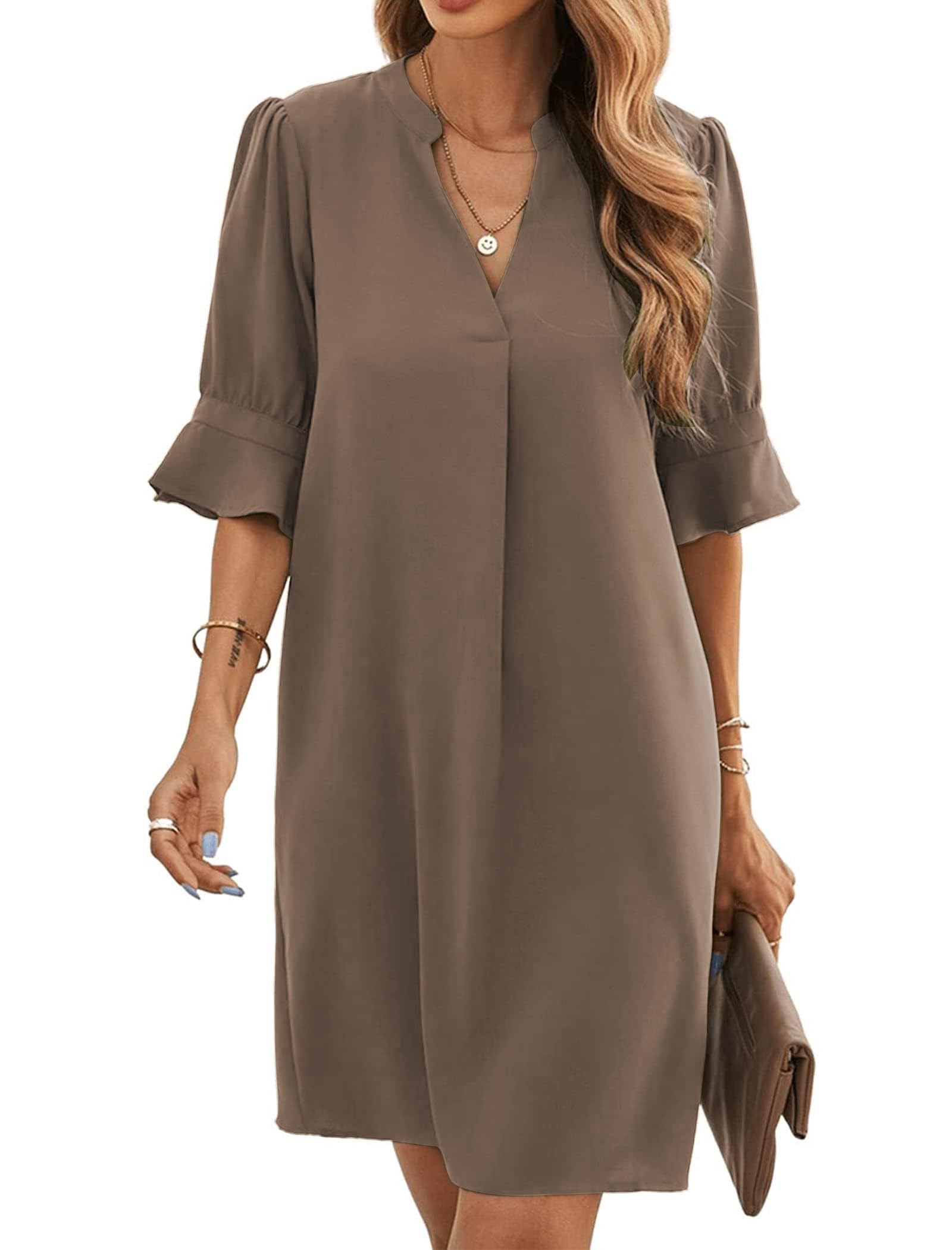 Famulily Robe chemise élégante et décontractée, pour femmes, avec col en V, manches mi-longues, couleur unie, tailles S à XXL