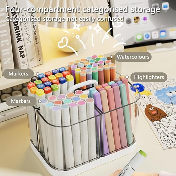 Pen Holder with Handle, Stackable Transparent Desk Caddy 4 Compartments
