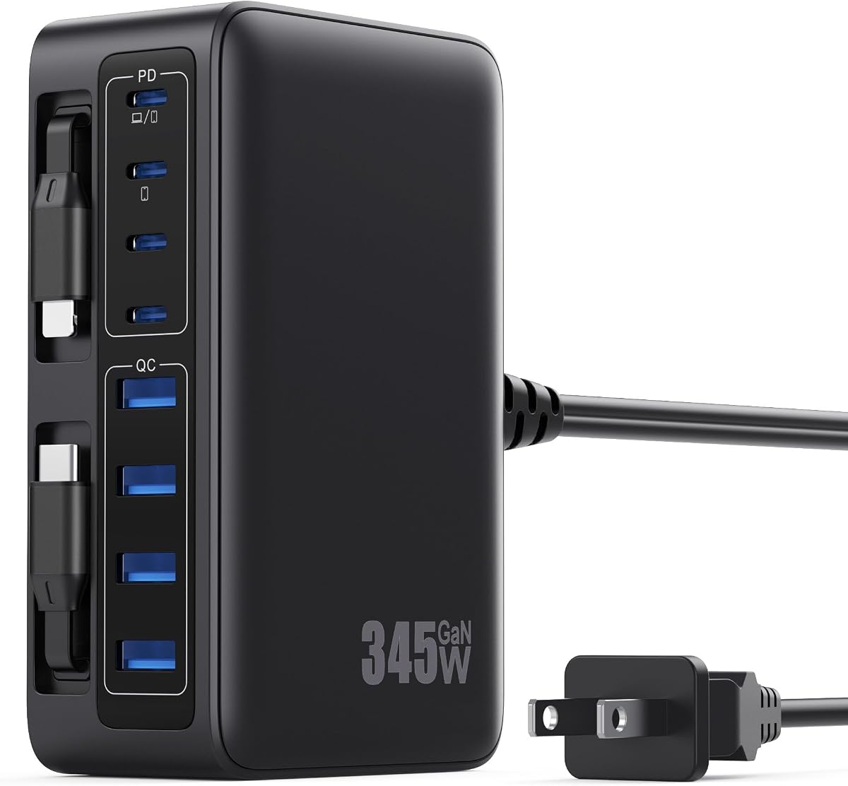 345W USB C Charger 10 in 1 Retractable Wall Charger with 2 Cables,GaN 6 USB C Charging Station Phone Charging PD Laptop Charger Adapter for MacBook Pro/Air,DELL,iPhone17/16/15,Galaxy S24,Android etc