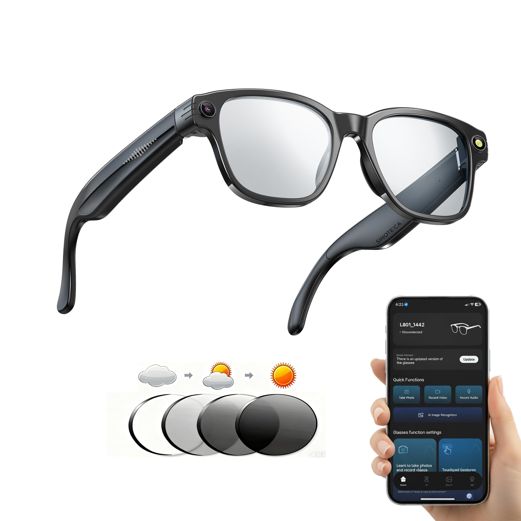 SINOTE'CA AI Smart Glasses, Occhiali Intelligenti Bluetooth con Telecamera 8MP, Lenti Fotocromatiche, Audio Open-Ear e Traduzione in Tempo Reale, per Sport e Vita Quotidiana
