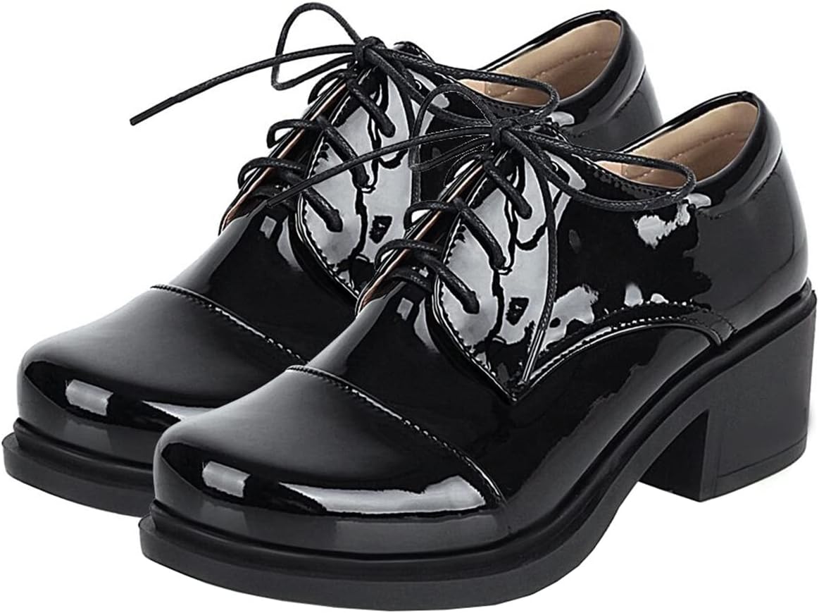 Betastella Women's Patent Leather Oxfords Chunky Heels Lace Up Brogue Shoes