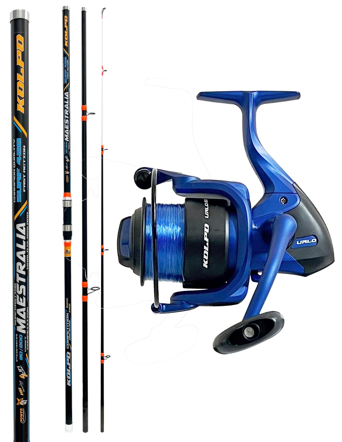 Kolpo Kit combo Pesca Surfcasting con canna 3 sezioni 4.20mt 200 gr + mulinello e filo