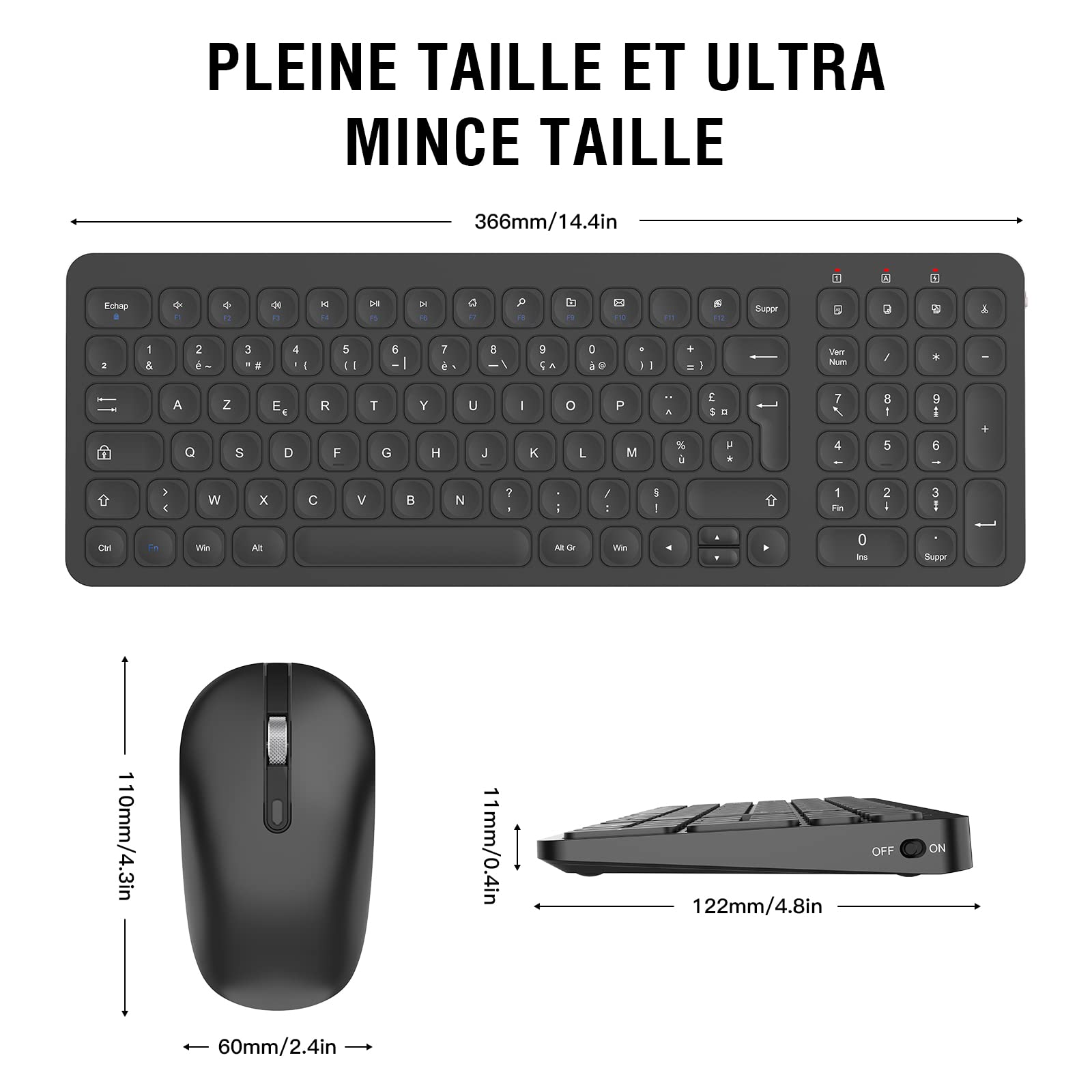 Ensemble Clavier et Souris sans Fil, PINKCAT Claiver AZERTY Français, Pack Clavier et Souris, Set Silencieux avec Récepteur Nano USB 2.4GHz, Compatible avec Windows/MacOS, Windows PC Laptop - Noir
