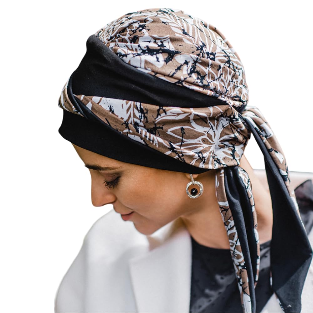 Carebell Smooth Paint Flowers Turban Bonnet oncologique en coton pour chimiothérapie ou alopécie, Noir, blanc, marron, Taille Unique