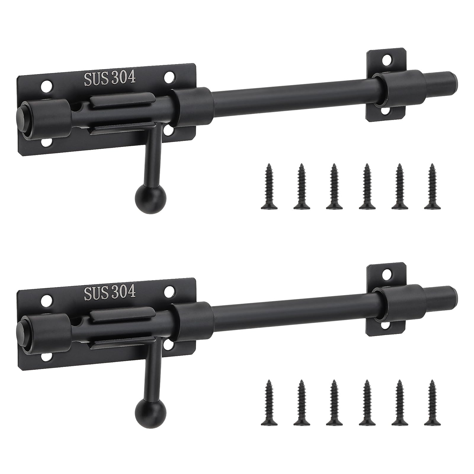 Slide Bolt Gate Latch, 2 Pack 8 Inch 304 Stainless Steel Barrel Bolt Latch with 8 mm Padlock Hole, 10 mm Bolt Heavy Duty Black Sliding Latch Lock (Black, 8 Inch)