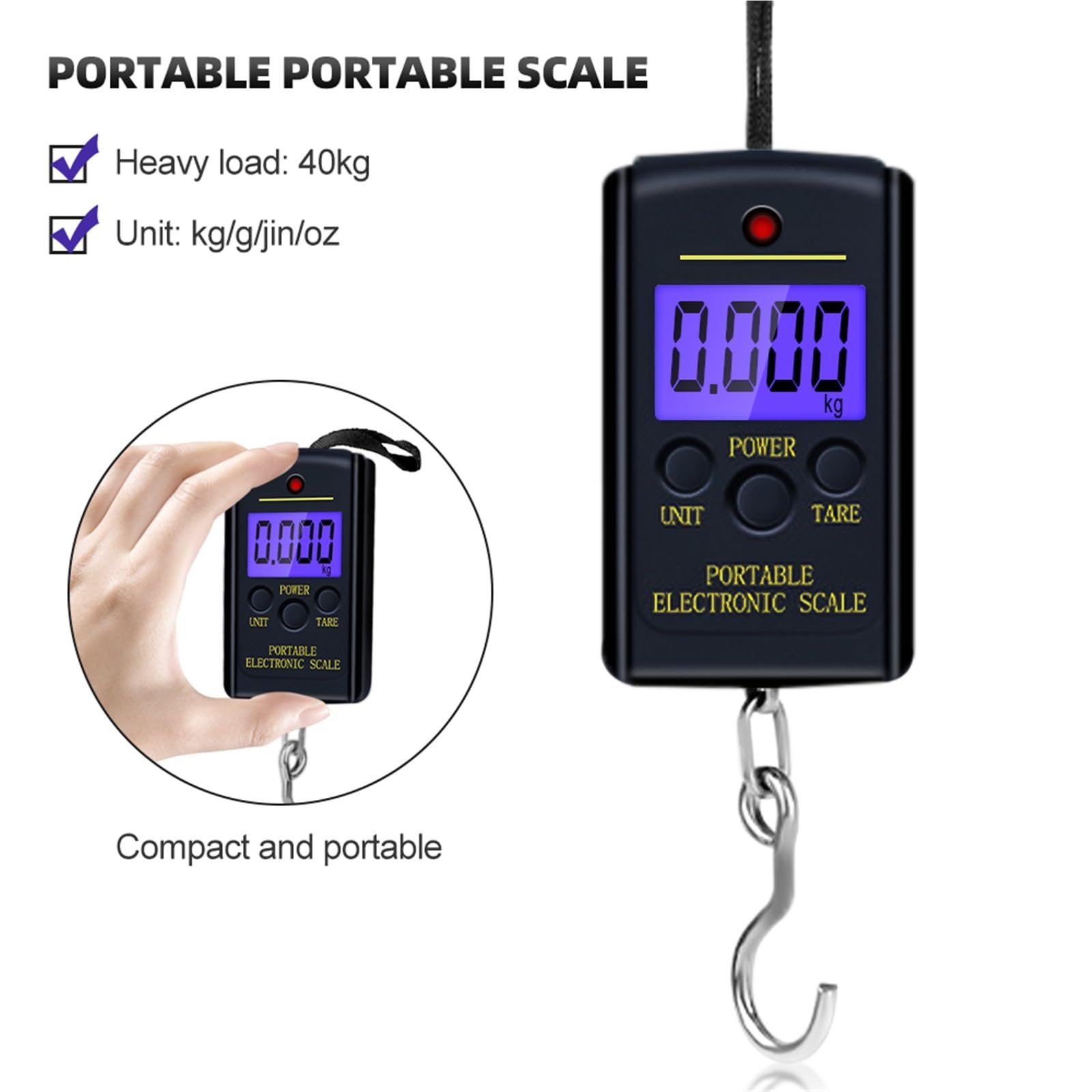 Bilancia per bagagli, Bilancia digitale portatile da 5 pezzi, 40 kg/10 g, elettronica, con gancio appeso, for pesca e bagagli,per valigia da viaggio