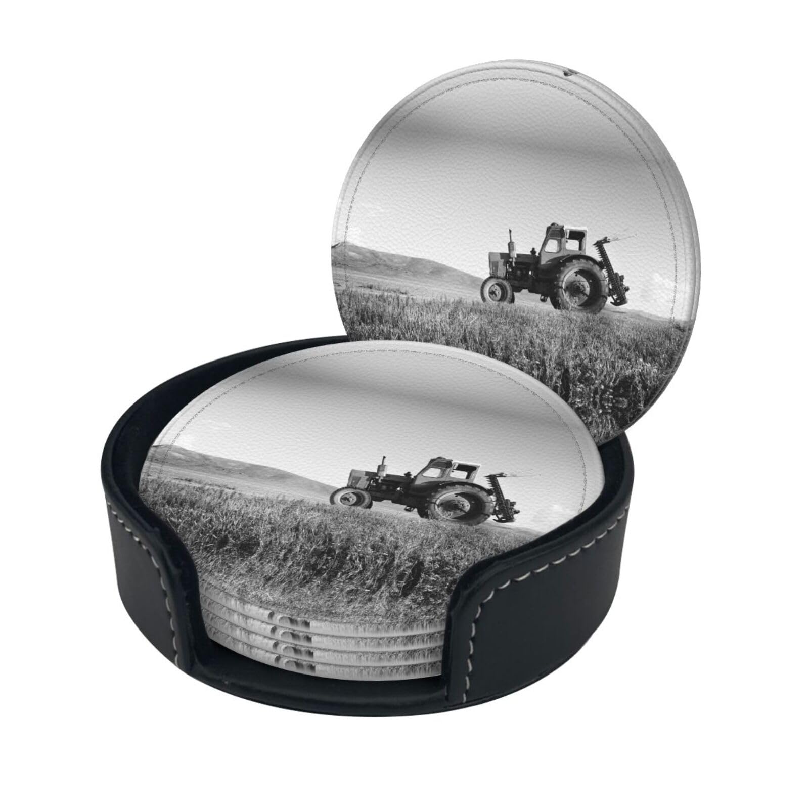 Czdbnlhf White Tractor Agriculture Tranquil Print Coaster With Storage Box For Home, Office, And Restaurant Use