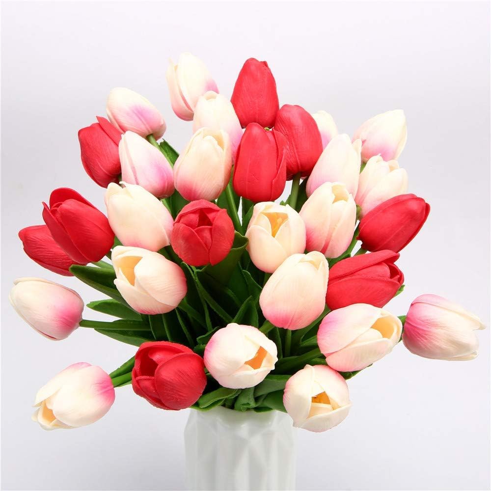 YATUOPNG Artificial Plant In Pot-Real-Touch Tulip Flowers Home Wedding Party Decor(Pink and Red)